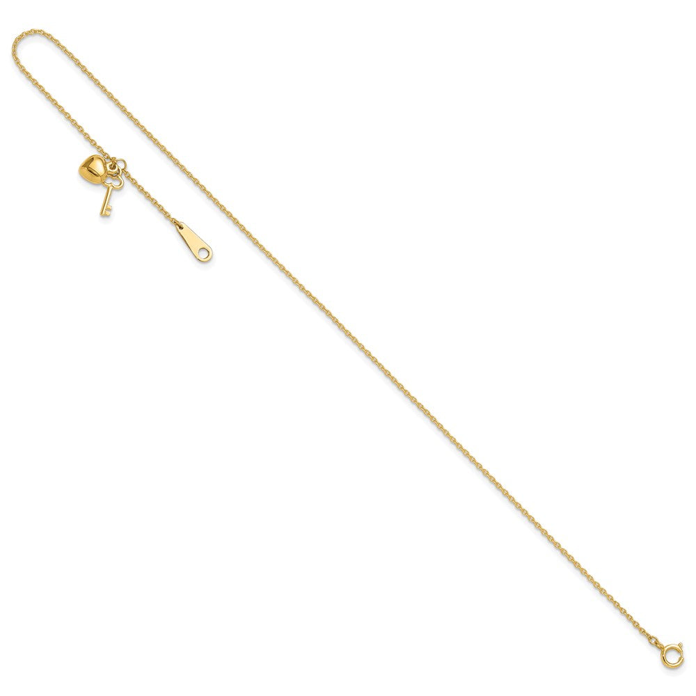 14K Yellow Gold Gold Heart and Key 9in Plus 1in Ext. Anklet