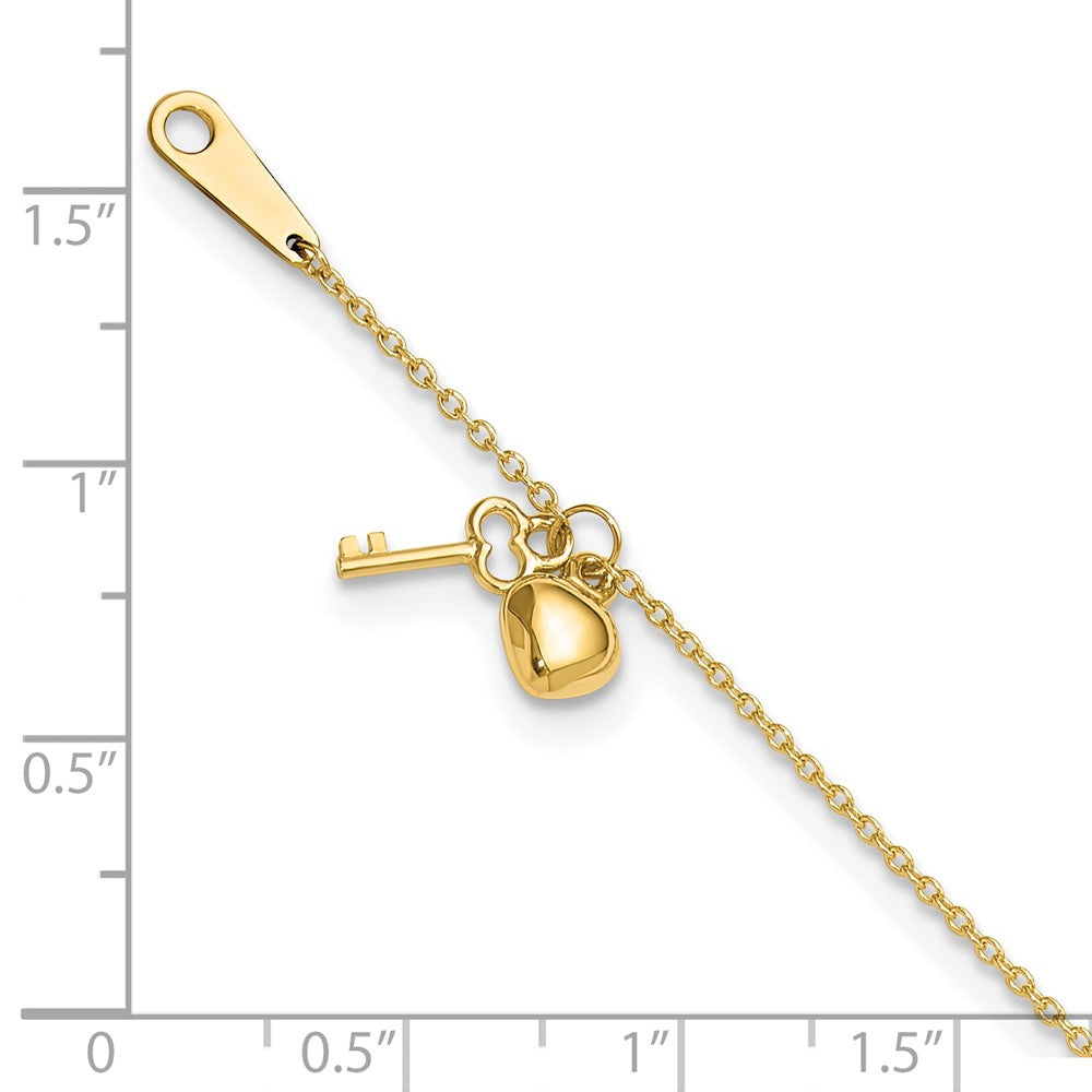 14K Yellow Gold Gold Heart and Key 9in Plus 1in Ext. Anklet