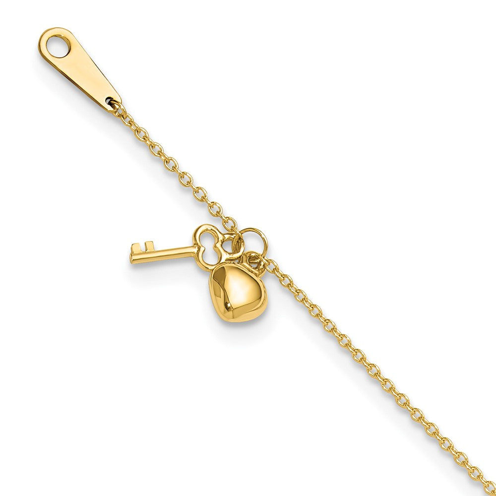 14K Yellow Gold Gold Heart and Key 9in Plus 1in Ext. Anklet