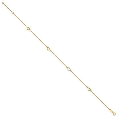 14K Yellow Gold Heart 10in Plus 1in Ext. Anklet