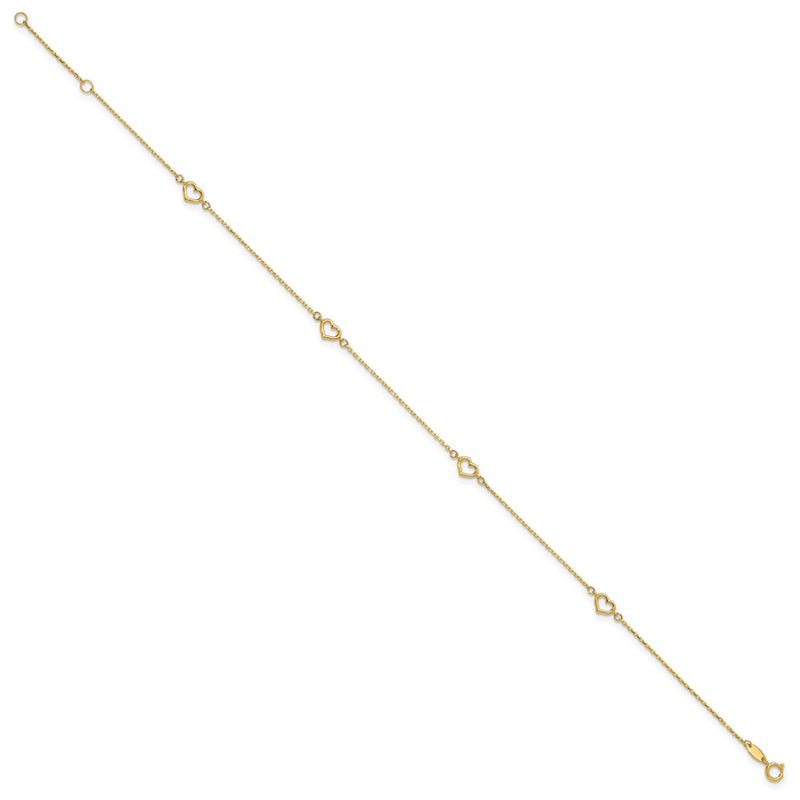 14K Yellow Gold Heart 10in Plus 1in Ext. Anklet