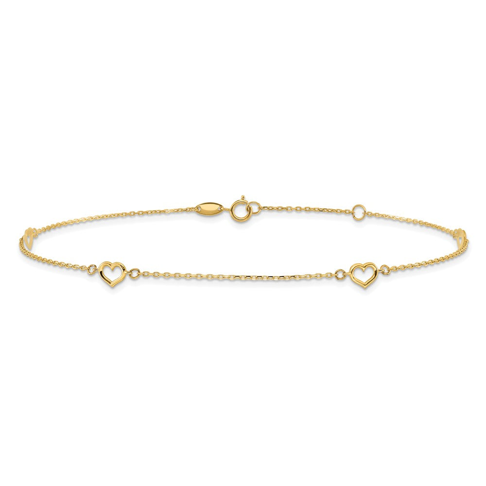 14K Yellow Gold Heart 10in Plus 1in Ext. Anklet