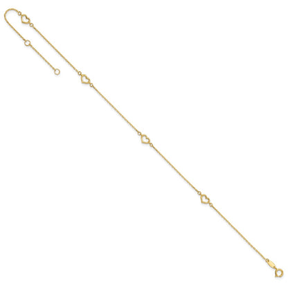 14K Yellow Gold Heart 10in Plus 1in Ext. Anklet