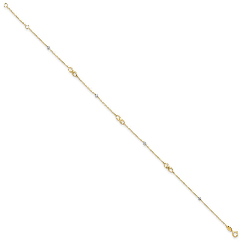 14K Two-Tone Diamond-Cut Beads and Infinity 10in Plus 1in Ext. Anklet