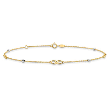 14K Two-Tone Diamond-Cut Beads and Infinity 10in Plus 1in Ext. Anklet