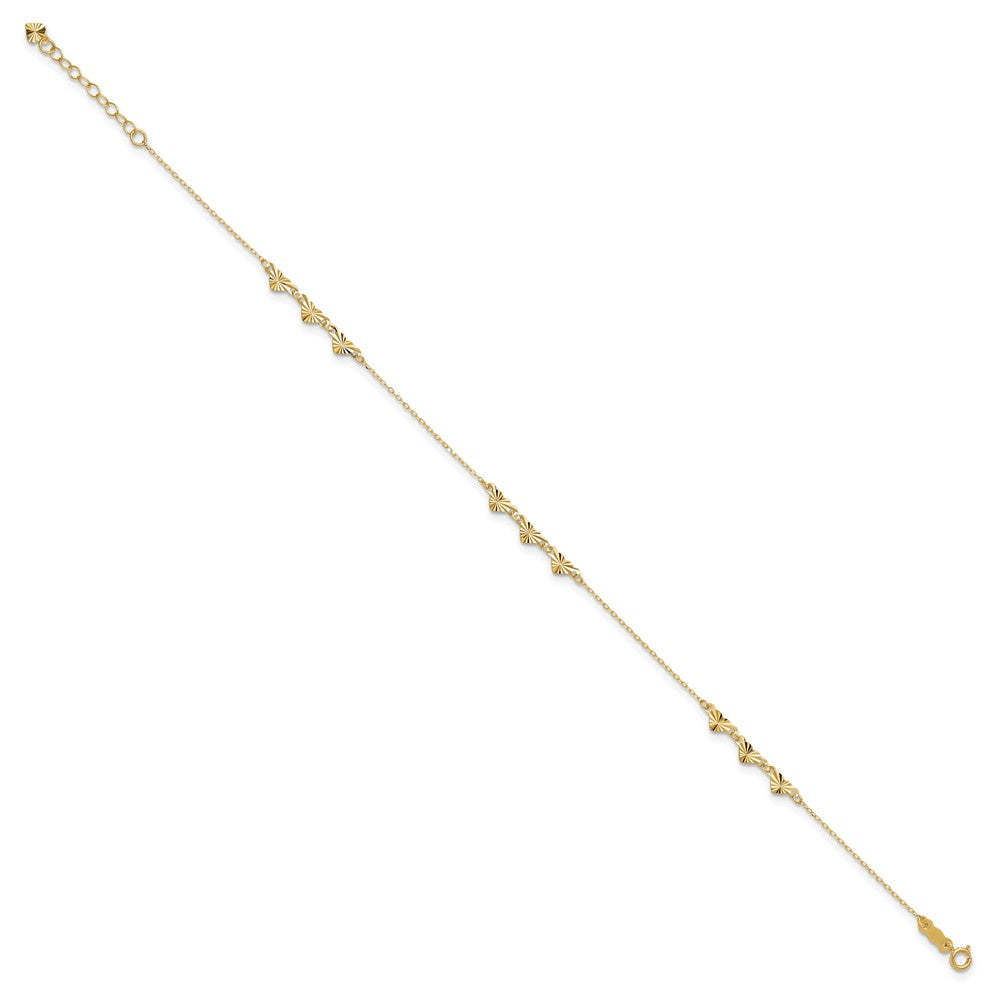 14K Yellow Gold Diamond-Cut Hearts 9in Plus 1in Ext Anklet