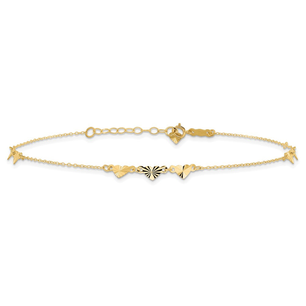 14K Yellow Gold Diamond-Cut Hearts 9in Plus 1in Ext Anklet