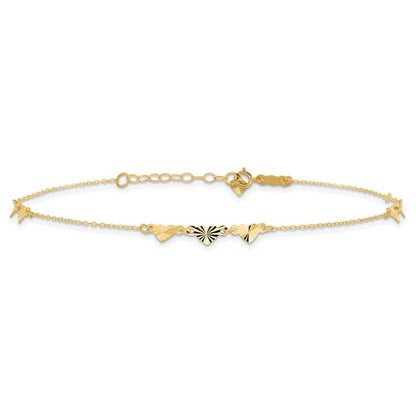 14K Yellow Gold Diamond-Cut Hearts 9in Plus 1in Ext Anklet