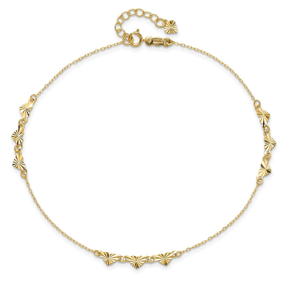 14K Yellow Gold Diamond-Cut Hearts 9in Plus 1in Ext Anklet