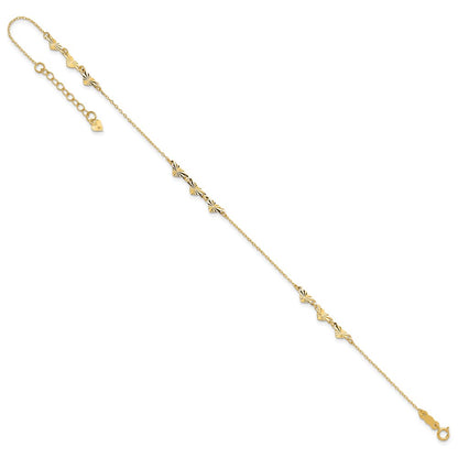 14K Yellow Gold Diamond-Cut Hearts 9in Plus 1in Ext Anklet