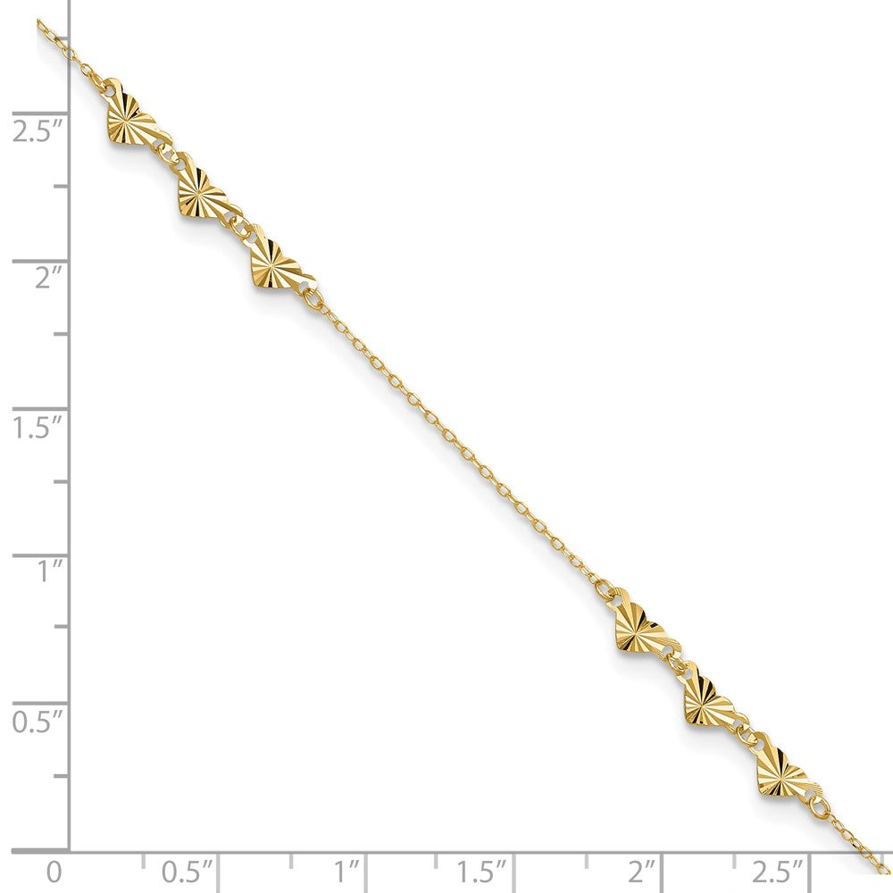 14K Yellow Gold Diamond-Cut Hearts 9in Plus 1in Ext Anklet