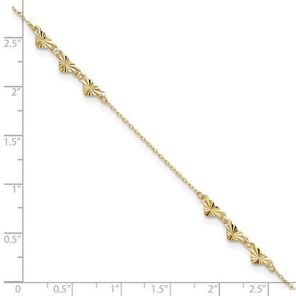 14K Yellow Gold Diamond-Cut Hearts 9in Plus 1in Ext Anklet