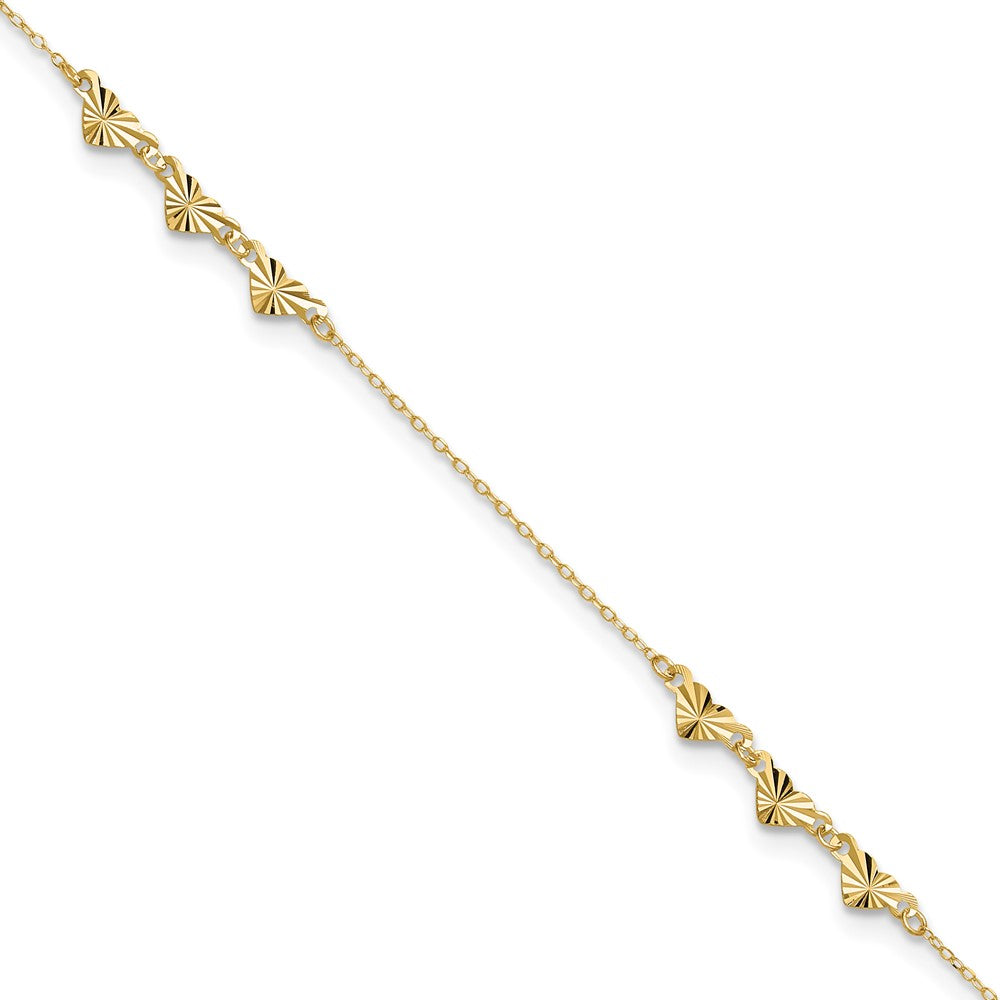 14K Yellow Gold Diamond-Cut Hearts 9in Plus 1in Ext Anklet