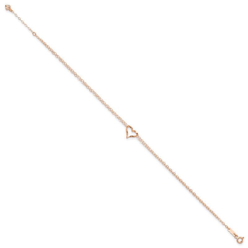 14K Rose Gold Double Strand Heart 9in Plus 1in Ext Anklet