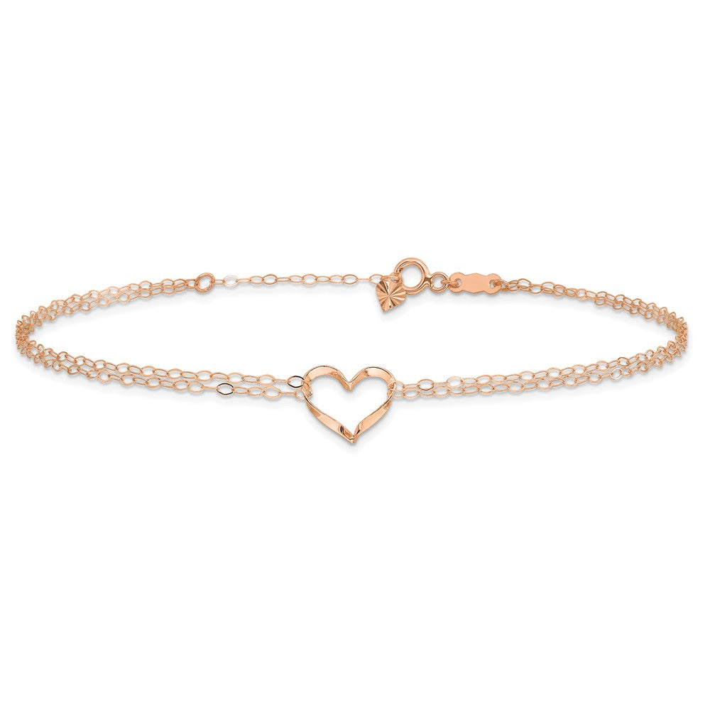 14K Rose Gold Double Strand Heart 9in Plus 1in Ext Anklet