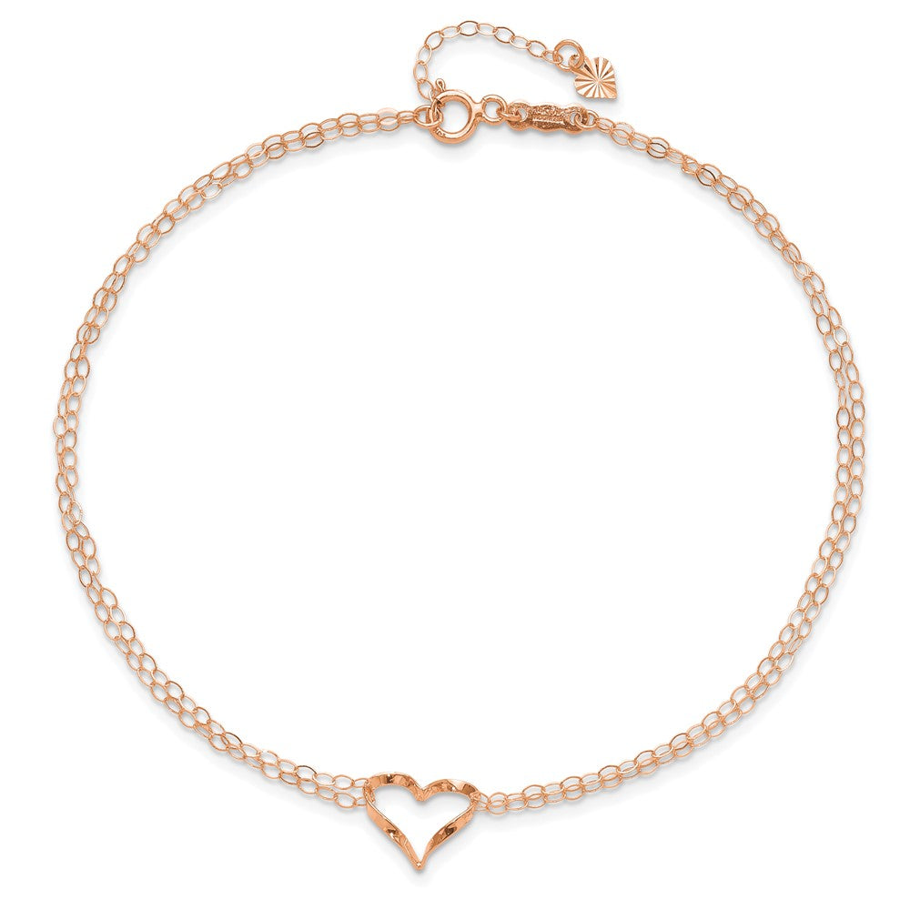 14K Rose Gold Double Strand Heart 9in Plus 1in Ext Anklet