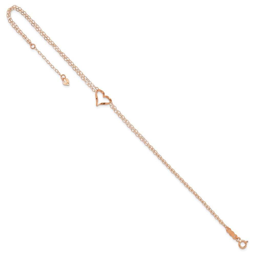 14K Rose Gold Double Strand Heart 9in Plus 1in Ext Anklet