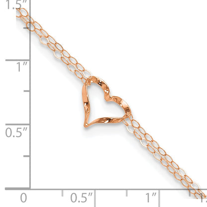 14K Rose Gold Double Strand Heart 9in Plus 1in Ext Anklet