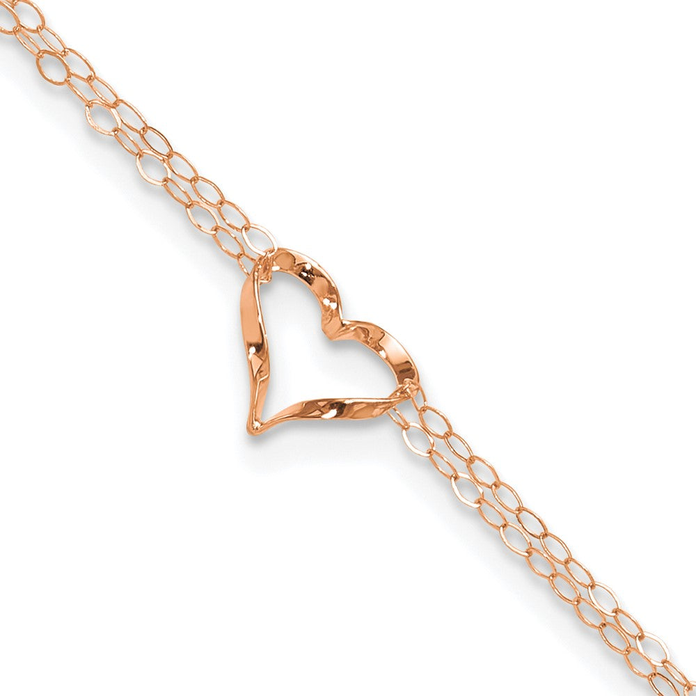14K Rose Gold Double Strand Heart 9in Plus 1in Ext Anklet
