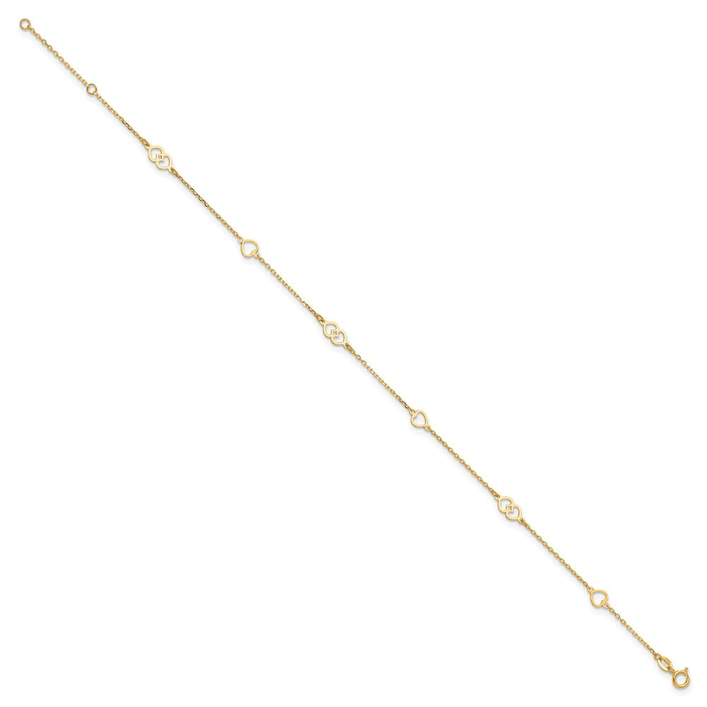 14K Yellow Gold Polished Hearts 9in Plus 1 in Ext. Anklet