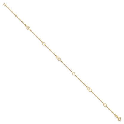 14K Yellow Gold Polished Hearts 9in Plus 1 in Ext. Anklet