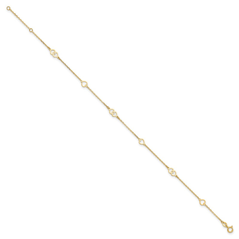 14K Yellow Gold Polished Hearts 9in Plus 1 in Ext. Anklet