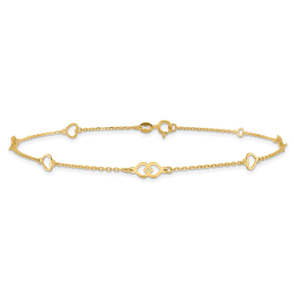 14K Yellow Gold Polished Hearts 9in Plus 1 in Ext. Anklet