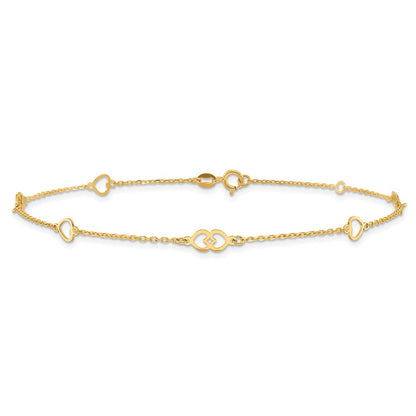 14K Yellow Gold Polished Hearts 9in Plus 1 in Ext. Anklet