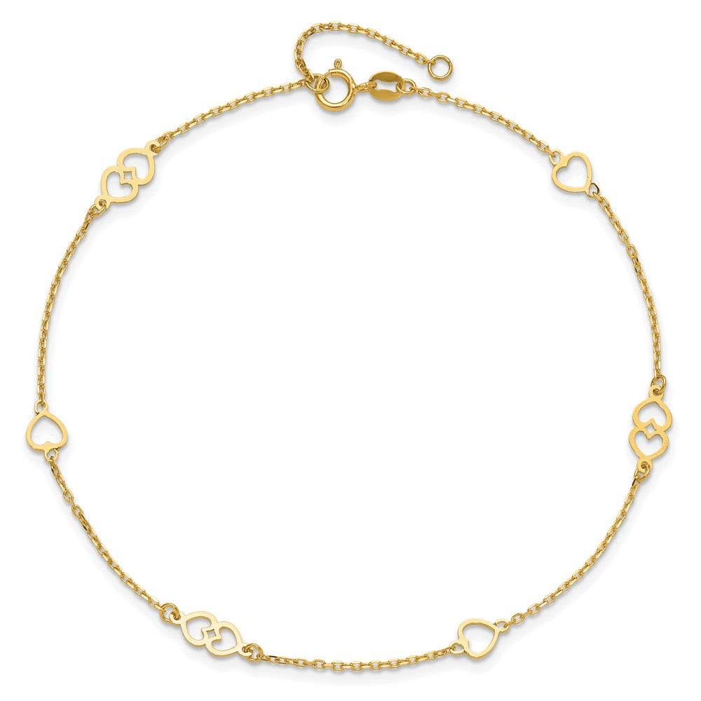 14K Yellow Gold Polished Hearts 9in Plus 1 in Ext. Anklet