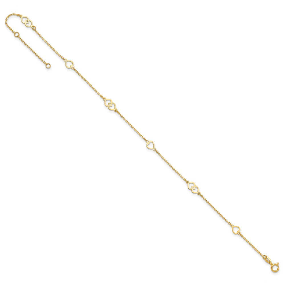 14K Yellow Gold Polished Hearts 9in Plus 1 in Ext. Anklet