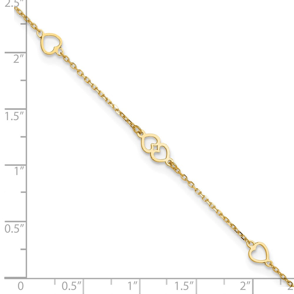 14K Yellow Gold Polished Hearts 9in Plus 1 in Ext. Anklet