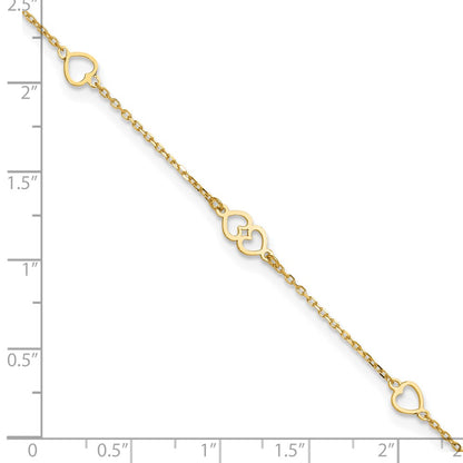 14K Yellow Gold Polished Hearts 9in Plus 1 in Ext. Anklet
