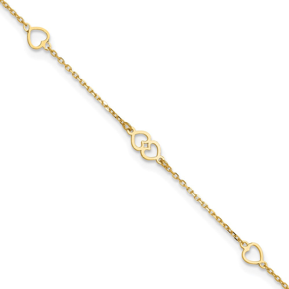 14K Yellow Gold Polished Hearts 9in Plus 1 in Ext. Anklet