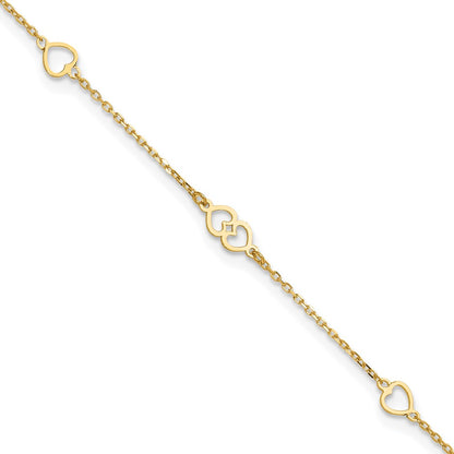 14K Yellow Gold Polished Hearts 9in Plus 1 in Ext. Anklet