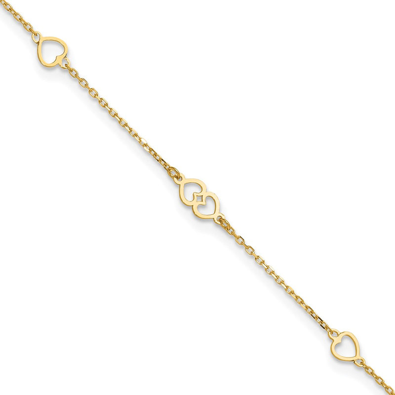 14K Yellow Gold Polished Hearts 9in Plus 1 in Ext. Anklet