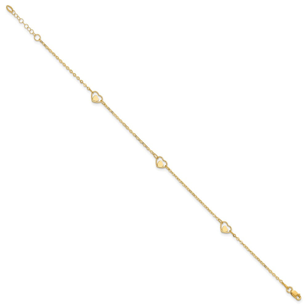 14K Yellow Gold Polished Heart 9in Plus 1in Ext Anklet