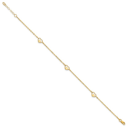 14K Yellow Gold Polished Heart 9in Plus 1in Ext Anklet