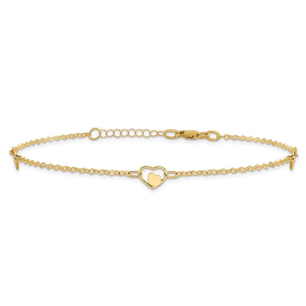 14K Yellow Gold Polished Heart 9in Plus 1in Ext Anklet