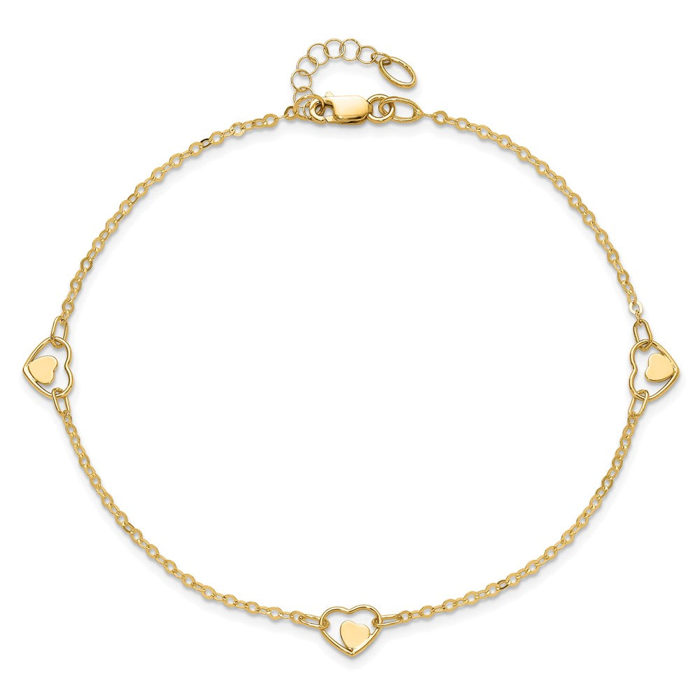 14K Yellow Gold Polished Heart 9in Plus 1in Ext Anklet