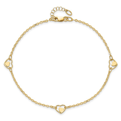 14K Yellow Gold Polished Heart 9in Plus 1in Ext Anklet
