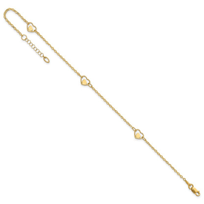14K Yellow Gold Polished Heart 9in Plus 1in Ext Anklet