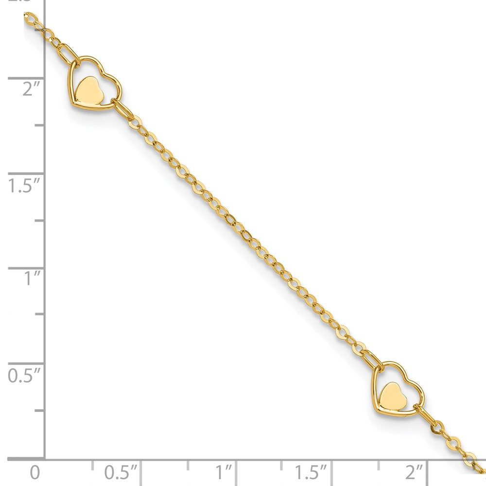 14K Yellow Gold Polished Heart 9in Plus 1in Ext Anklet