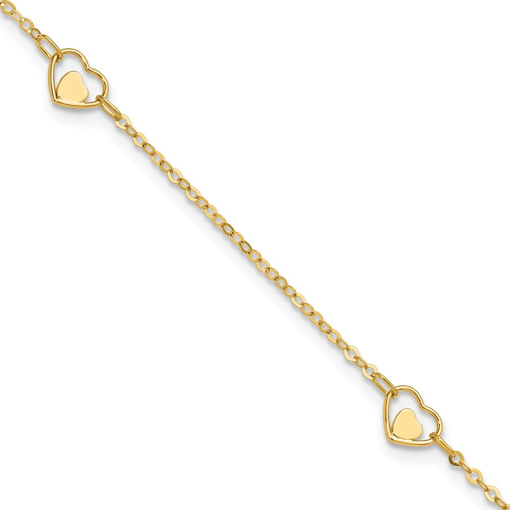 14K Yellow Gold Polished Heart 9in Plus 1in Ext Anklet
