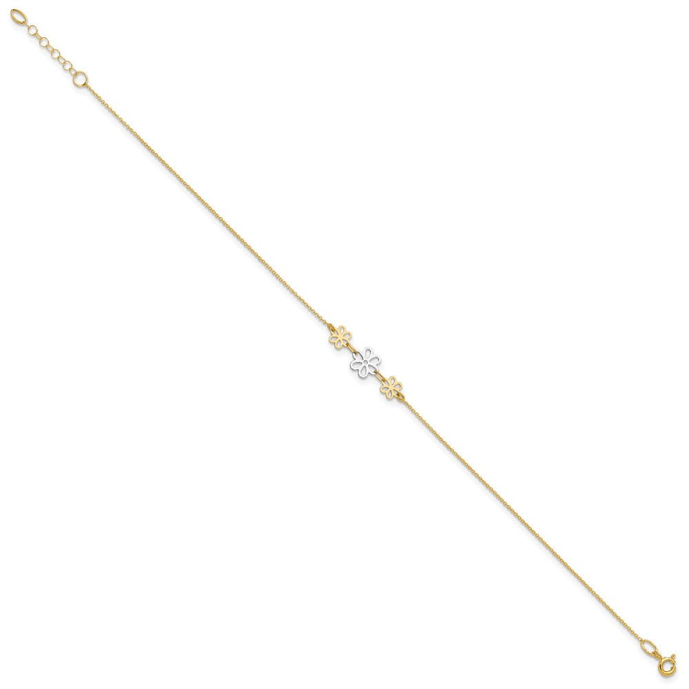 14K Two-Tone Polished Three Flower 9in Plus 1in Ext Anklet