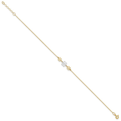 14K Two-Tone Polished Three Flower 9in Plus 1in Ext Anklet