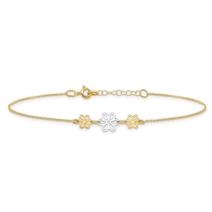 14K Two-Tone Polished Three Flower 9in Plus 1in Ext Anklet