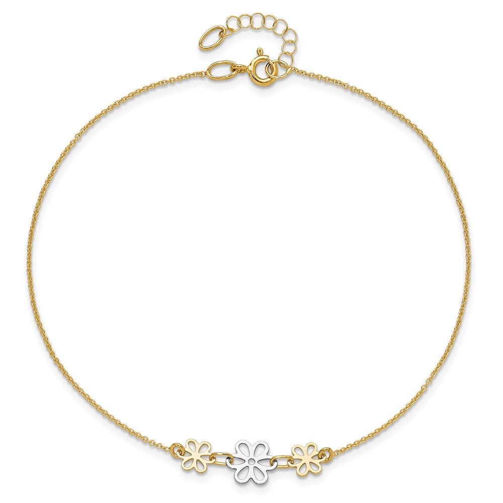 14K Two-Tone Polished Three Flower 9in Plus 1in Ext Anklet