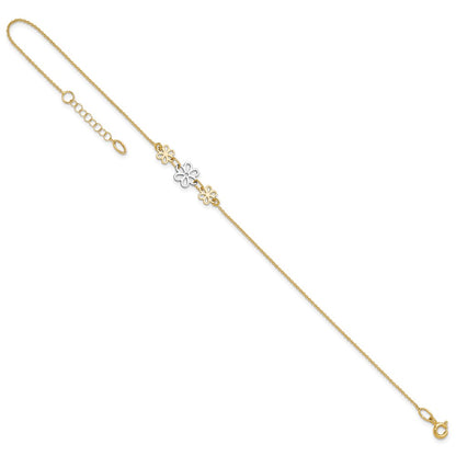 14K Two-Tone Polished Three Flower 9in Plus 1in Ext Anklet