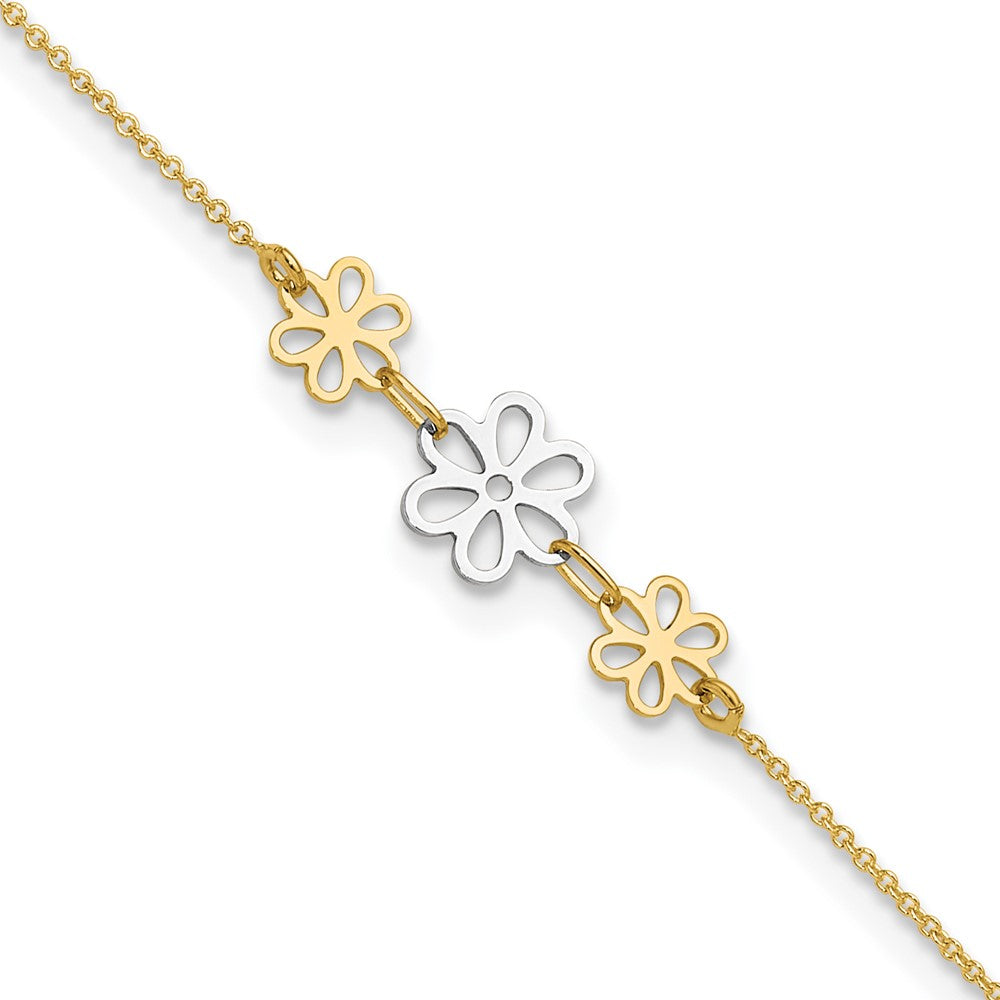 14K Two-Tone Polished Three Flower 9in Plus 1in Ext Anklet