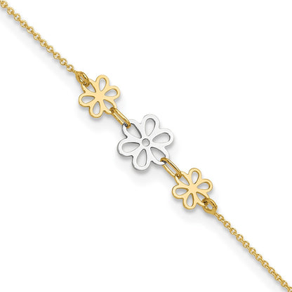 14K Two-Tone Polished Three Flower 9in Plus 1in Ext Anklet